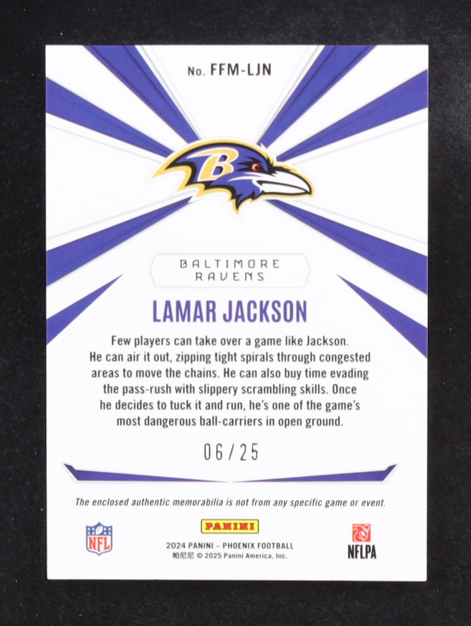 Lamar Jackson 2024 Panini Phoenix Franchise Future Materials Green #20 #06/25 at PristineAuction.com Lamar Jackson 2024 Panini Phoenix Franchise Future Materials Green #20 #06/25 at PristineAuction.com