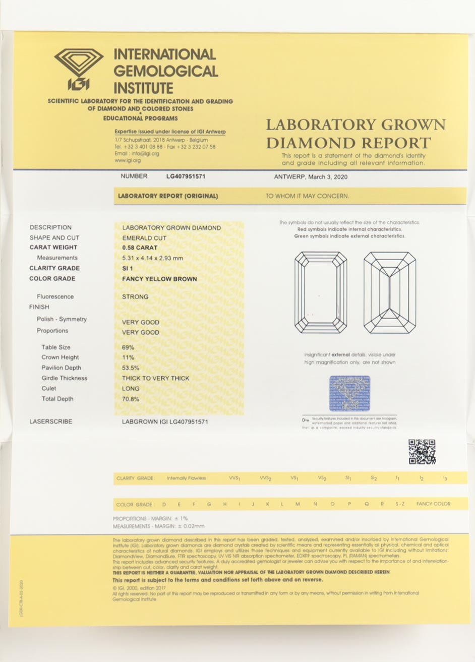 New .58 Carat Loose Lab Grown Fancy Yellow Brown Diamond SI 1 (IGI) at PristineAuction.com New .58 Carat Loose Lab Grown Fancy Yellow Brown Diamond SI 1 (IGI) at PristineAuction.com
