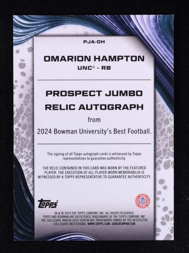 Omarion Hampton 2024 Bowman's Best University Prospect Jumbo Relic Autographs #PJAOH RC at PristineAuction.com Omarion Hampton 2024 Bowman's Best University Prospect Jumbo Relic Autographs #PJAOH RC at PristineAuction.com