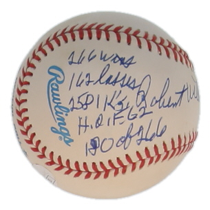 Bob Feller Signed OAL Baseball with Extensive Career Stat Inscription (JSA) at PristineAuction.com Bob Feller Signed OAL Baseball with Extensive Career Stat Inscription (JSA) at PristineAuction.com