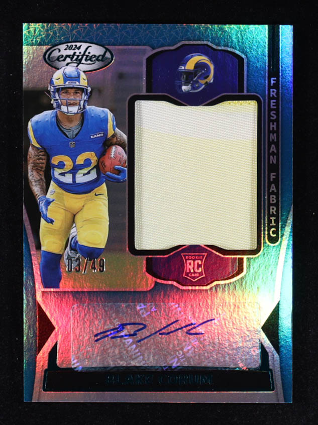 Blake Corum 2024 Certified Freshman Fabric Mirror Signatures Teal #11 #03/49 RC at PristineAuction.com Blake Corum 2024 Certified Freshman Fabric Mirror Signatures Teal #11 #03/49 RC at PristineAuction.com