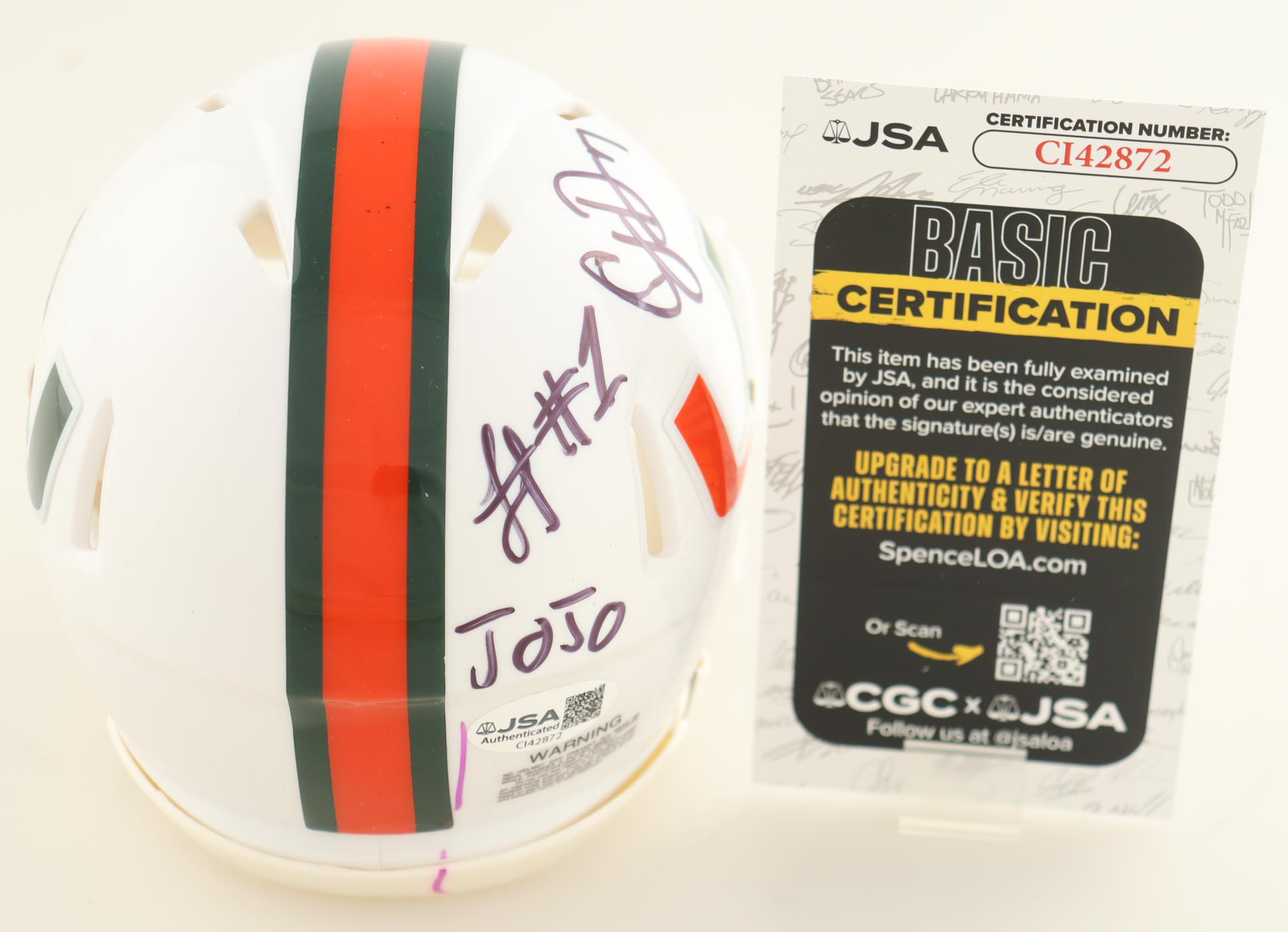 Malachi Toney, CJ Daniels & Jojo Trader Signed Miami Hurricanes Speed Mini Helmet Inscribed "JoJo" (JSA) at PristineAuction.com Malachi Toney, CJ Daniels & Jojo Trader Signed Miami Hurricanes Speed Mini Helmet Inscribed "JoJo" (JSA) at PristineAuction.com