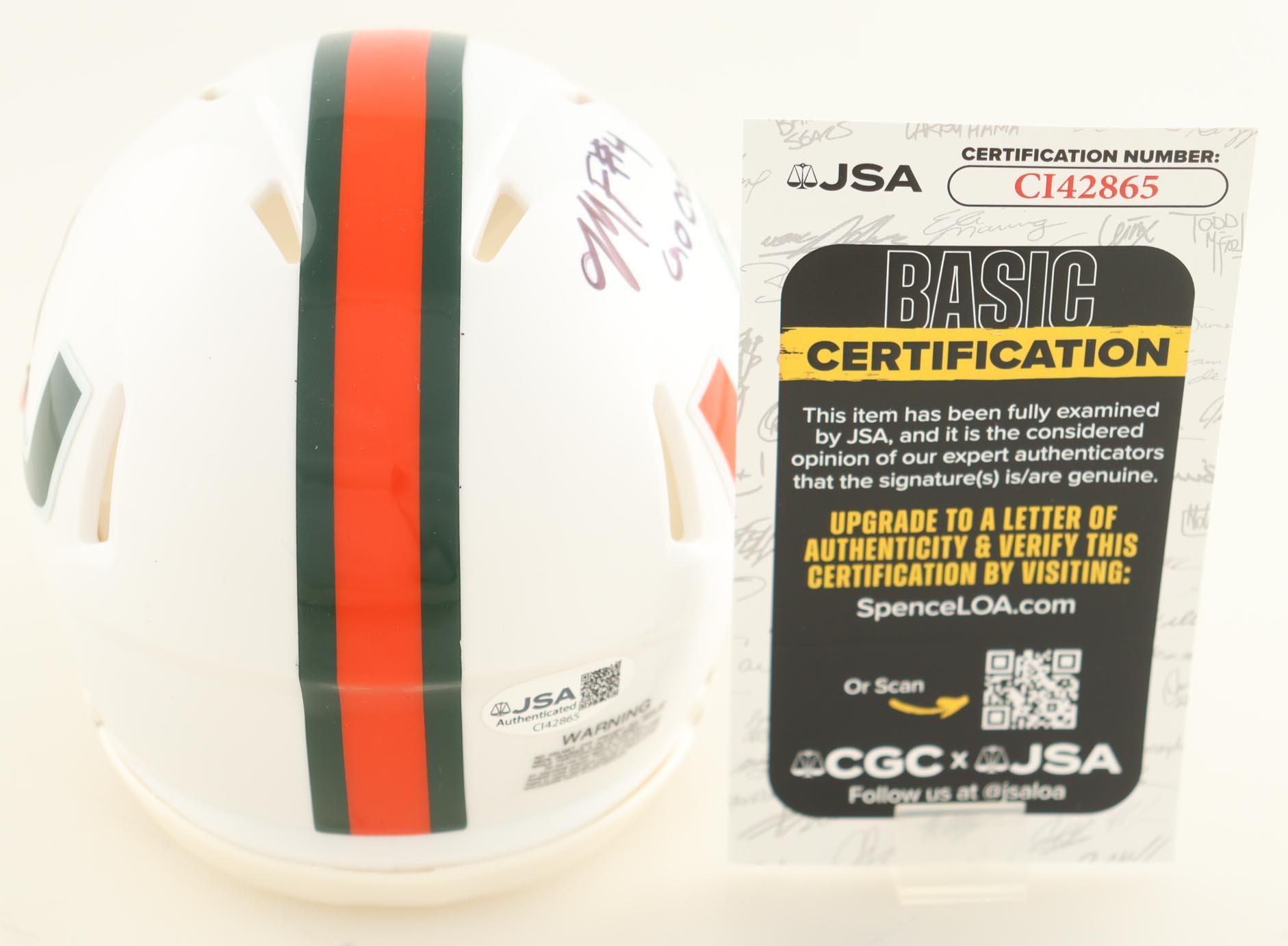 Mark Fletcher Signed Miami Hurricanes Speed Mini Helmet Inscribed "Go Canes" (JSA) at PristineAuction.com Mark Fletcher Signed Miami Hurricanes Speed Mini Helmet Inscribed "Go Canes" (JSA) at PristineAuction.com
