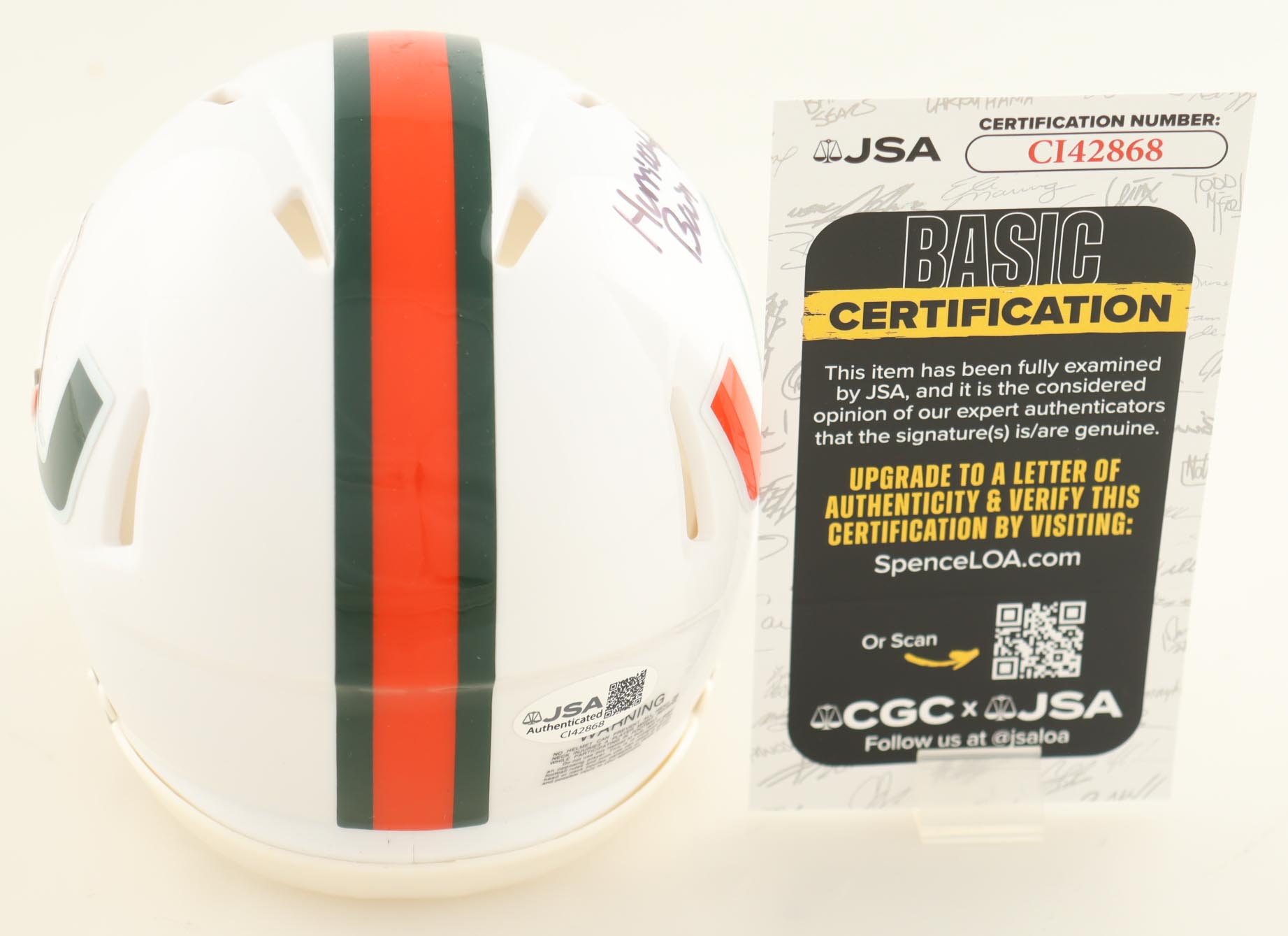 Rueben Bain Jr. Signed Miami Hurricanes Speed Mini Helmet Inscribed "Hurricane Bain" (JSA) at PristineAuction.com Rueben Bain Jr. Signed Miami Hurricanes Speed Mini Helmet Inscribed "Hurricane Bain" (JSA) at PristineAuction.com