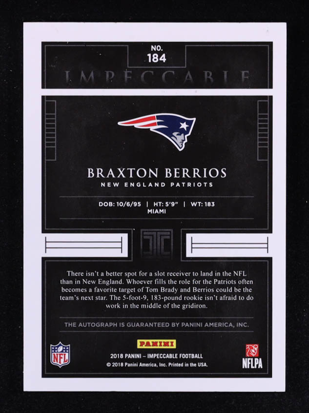 Braxton Berrios 2018 Panini Impeccable AU RC #184 #48/75 RC at PristineAuction.com Braxton Berrios 2018 Panini Impeccable AU RC #184 #48/75 RC at PristineAuction.com