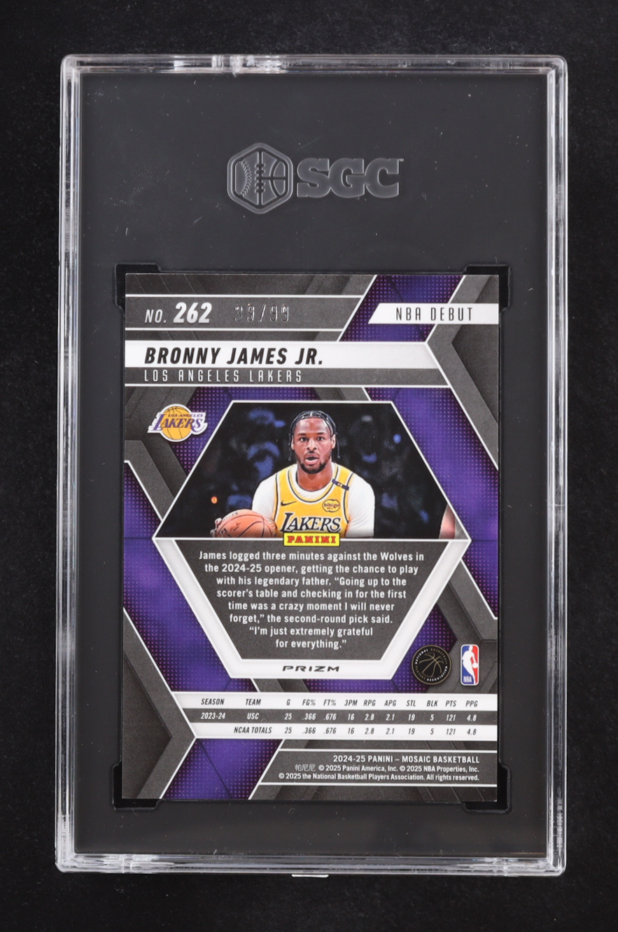 Bronny James Jr. 2024-25 Panini Mosaic Mosaic Purple #262 / NBA Debut RC #39/99 (SGC 10) at PristineAuction.com Bronny James Jr. 2024-25 Panini Mosaic Mosaic Purple #262 / NBA Debut RC #39/99 (SGC 10) at PristineAuction.com