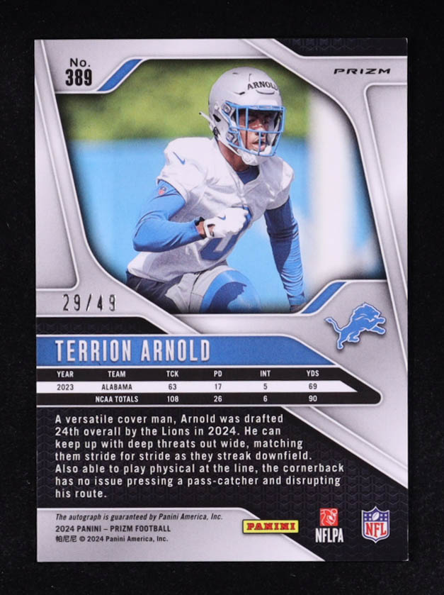 Terrion Arnold 2024 Panini Prizm Autographs Prizms Purple Power #389 #29/49 RC at PristineAuction.com Terrion Arnold 2024 Panini Prizm Autographs Prizms Purple Power #389 #29/49 RC at PristineAuction.com