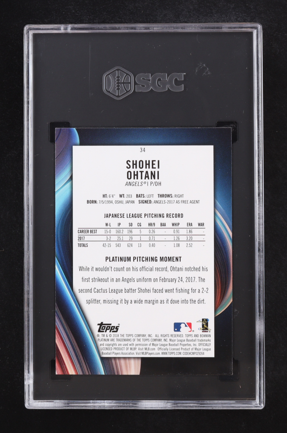 Shohei Ohtani 2018 Bowman Platinum #34 RC (SGC 10) at PristineAuction.com Shohei Ohtani 2018 Bowman Platinum #34 RC (SGC 10) at PristineAuction.com