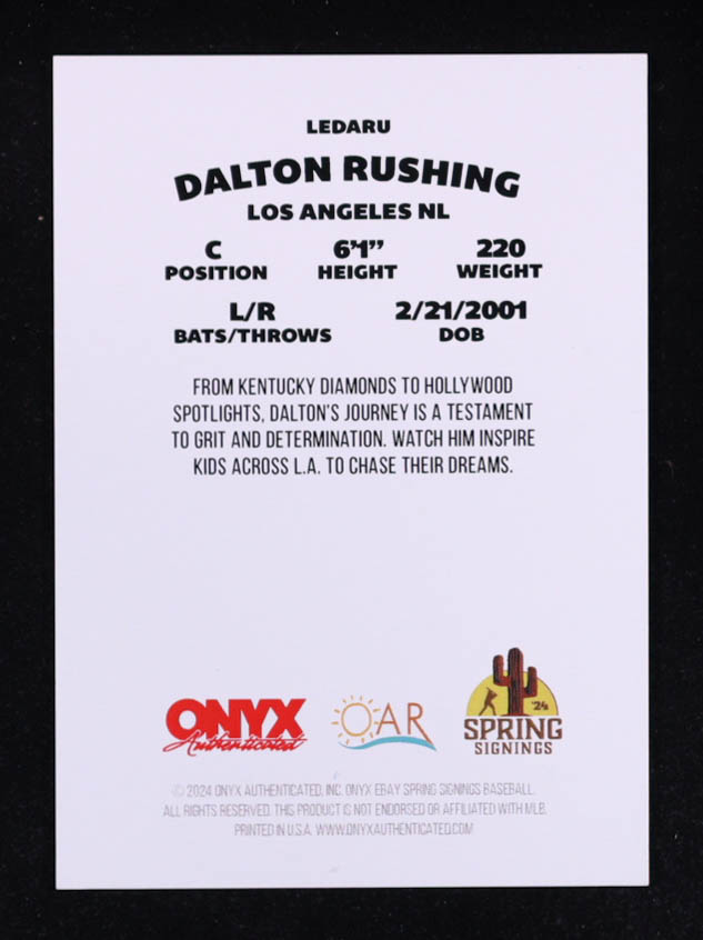 Dalton Rushing 2024 ONYX LE Black Autograph #LEDARU RC at PristineAuction.com Dalton Rushing 2024 ONYX LE Black Autograph #LEDARU RC at PristineAuction.com