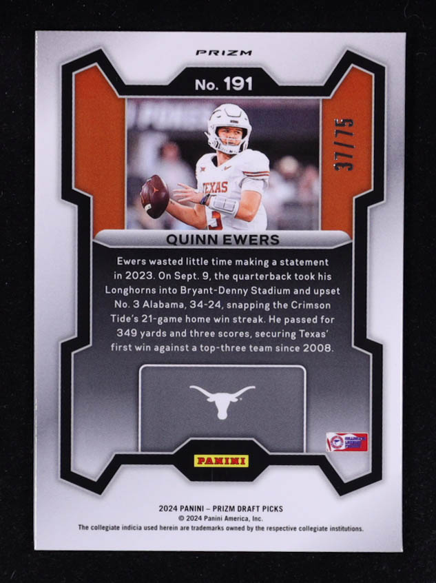 Quinn Ewers 2024 Panini Prizm Draft Picks Prizms Purple #191 #37/75 RC at PristineAuction.com Quinn Ewers 2024 Panini Prizm Draft Picks Prizms Purple #191 #37/75 RC at PristineAuction.com