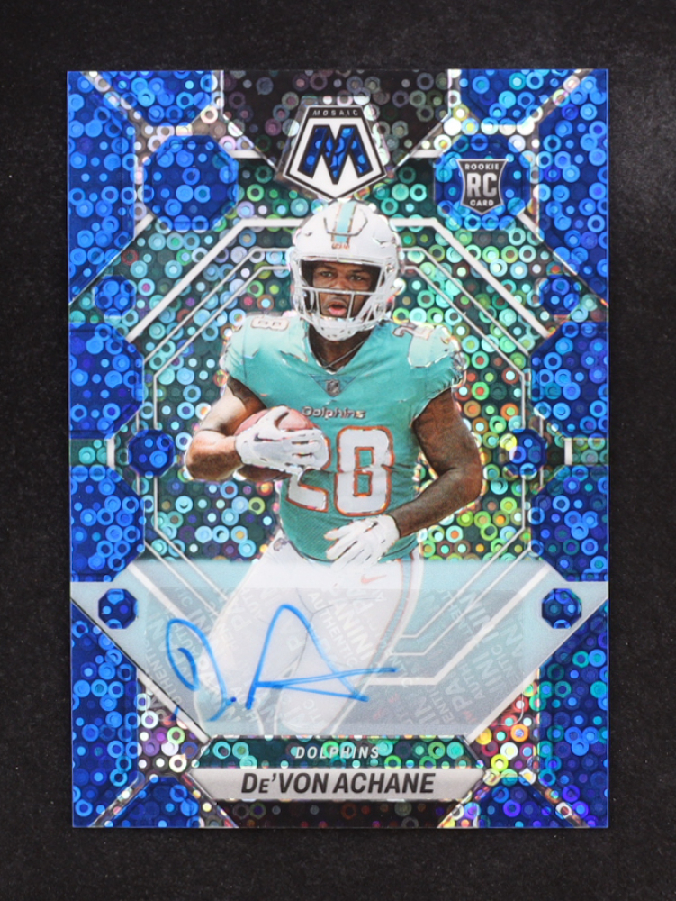 De'Von Achane 2023 Panini Mosaic Rookie Autographs Mosaic No Huddle Blue #312 EXCH RC