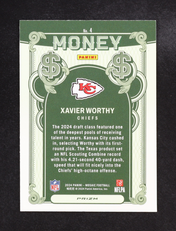 Xavier Worthy 2024 Panini Mosaic Money #4 RC at PristineAuction.com Xavier Worthy 2024 Panini Mosaic Money #4 RC at PristineAuction.com
