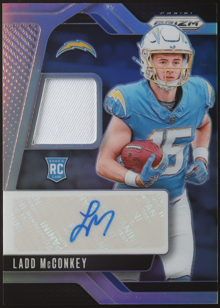 Ladd McConkey 2024 Panini Prizm Rookie Patch Autographs Prizm Silver #10 RC #94/99 at PristineAuction.com Ladd McConkey 2024 Panini Prizm Rookie Patch Autographs Prizm Silver #10 RC #94/99 at PristineAuction.com