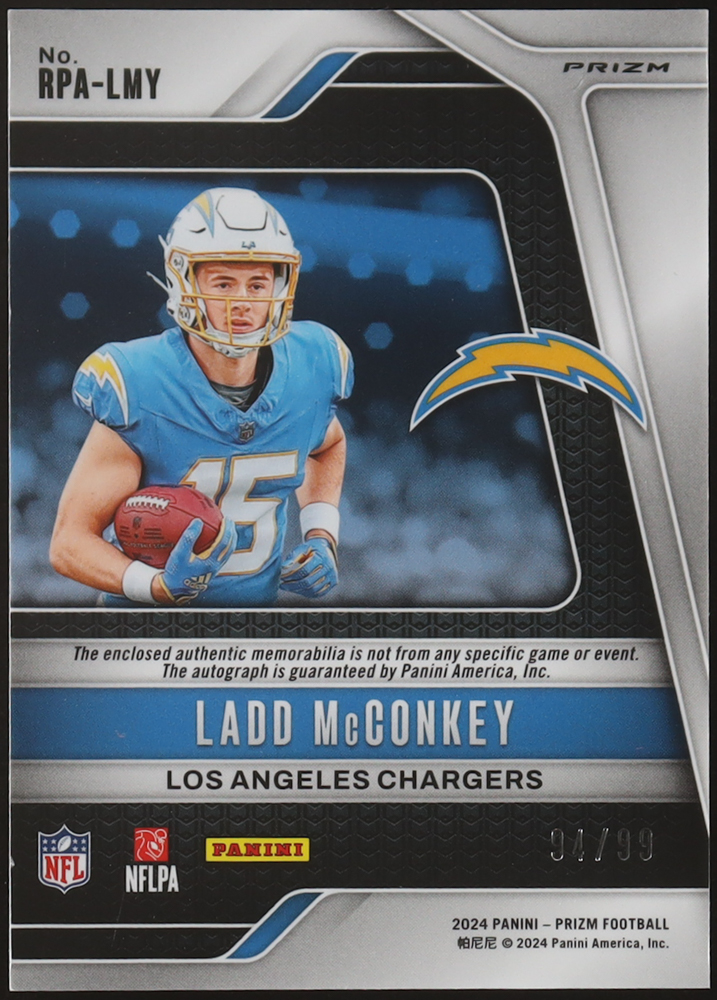 Ladd McConkey 2024 Panini Prizm Rookie Patch Autographs Prizm Silver #10 RC #94/99 at PristineAuction.com Ladd McConkey 2024 Panini Prizm Rookie Patch Autographs Prizm Silver #10 RC #94/99 at PristineAuction.com
