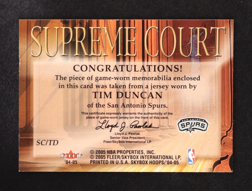 Tim Duncan 2004-05 Hoops Supreme Court Jerseys #TD at PristineAuction.com Tim Duncan 2004-05 Hoops Supreme Court Jerseys #TD at PristineAuction.com