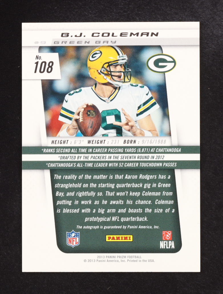 B.J. Coleman 2013 Panini Prizm Autographs #108 at PristineAuction.com B.J. Coleman 2013 Panini Prizm Autographs #108 at PristineAuction.com