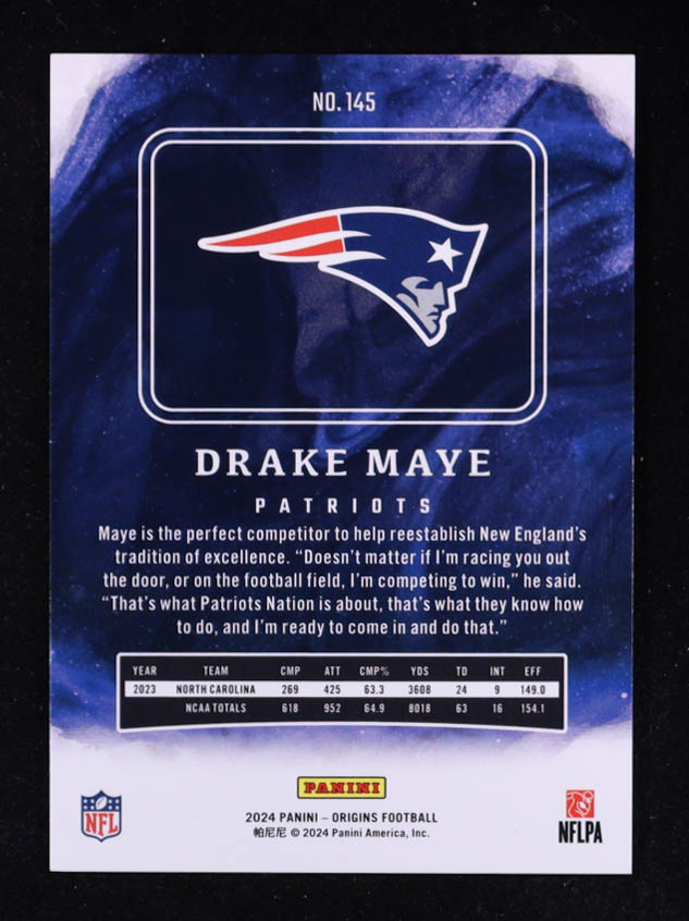 Drake Maye 2024 Panini Origins Holo Silver #145 #37/75 RC at PristineAuction.com Drake Maye 2024 Panini Origins Holo Silver #145 #37/75 RC at PristineAuction.com