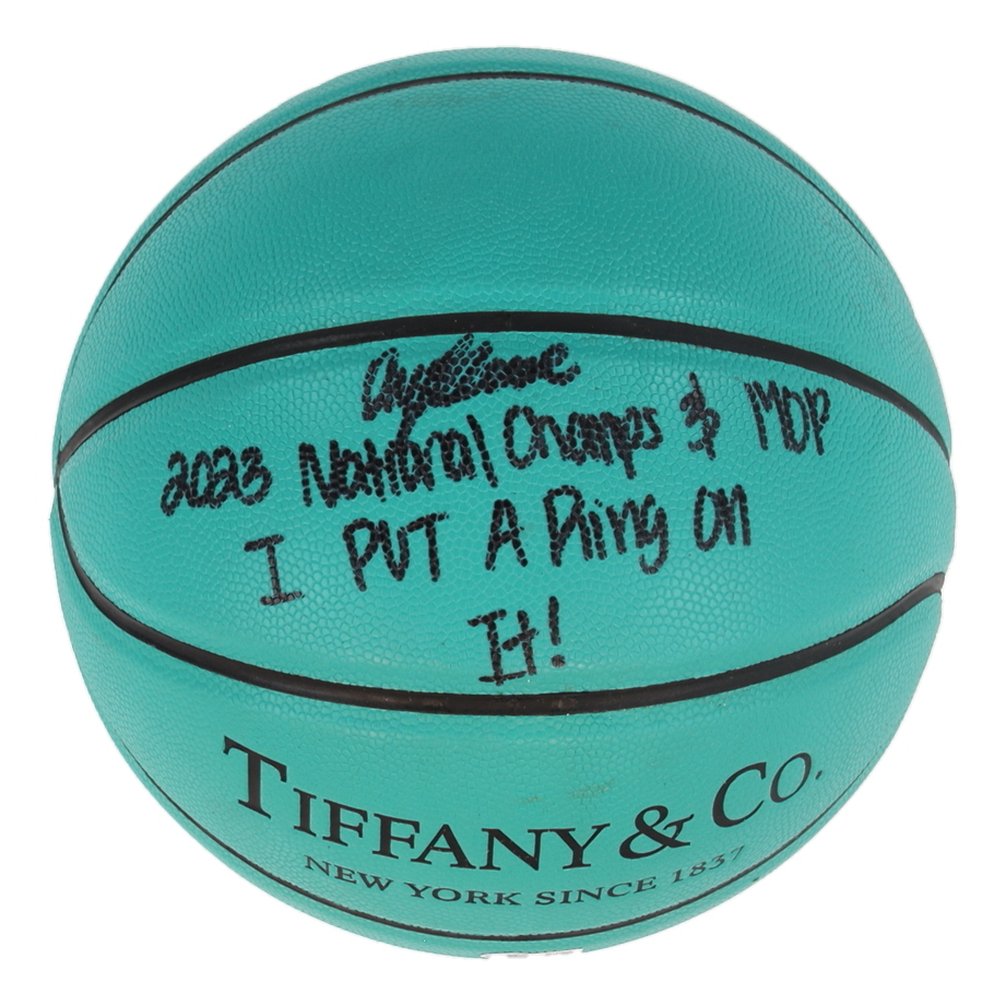 Angel Reese Signed Tiffany & Co. x Spalding Basketball Inscribed "2023 National Champs" & "I Put A Ring On It!" (Beckett) at PristineAuction.com Angel Reese Signed Tiffany & Co. x Spalding Basketball Inscribed "2023 National Champs" & "I Put A Ring On It!" (Beckett) at PristineAuction.com
