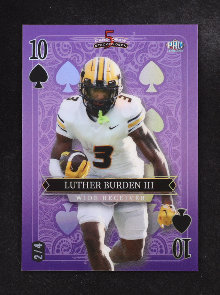 Luther Burden III 2024 5 Card Draw Stacked Deck 10 Of Spades Purple Holo #SDPSLBN #2/4 RC at PristineAuction.com Luther Burden III 2024 5 Card Draw Stacked Deck 10 Of Spades Purple Holo #SDPSLBN #2/4 RC at PristineAuction.com