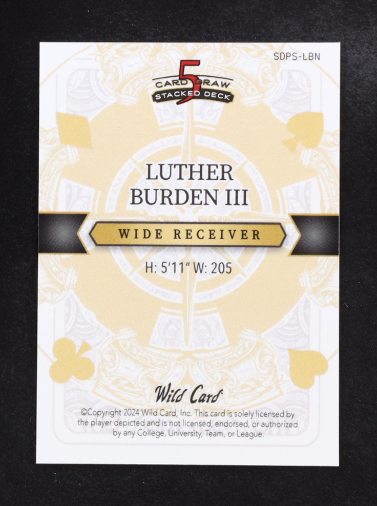 Luther Burden III 2024 5 Card Draw Stacked Deck 10 Of Spades Purple Holo #SDPSLBN #2/4 RC at PristineAuction.com Luther Burden III 2024 5 Card Draw Stacked Deck 10 Of Spades Purple Holo #SDPSLBN #2/4 RC at PristineAuction.com
