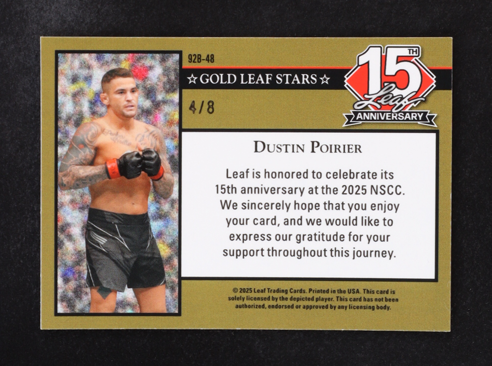 Dustin Poirier 2024-25 Leaf 15th Anniversary Gold Leaf Stars Pink Sparkle #92B48 #4/8 at PristineAuction.com Dustin Poirier 2024-25 Leaf 15th Anniversary Gold Leaf Stars Pink Sparkle #92B48 #4/8 at PristineAuction.com
