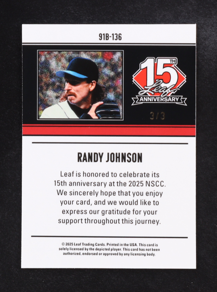 Randy Johnson 2025 Leaf 15th Anniversary Red Shimmer #91B136 #3/3 at PristineAuction.com Randy Johnson 2025 Leaf 15th Anniversary Red Shimmer #91B136 #3/3 at PristineAuction.com