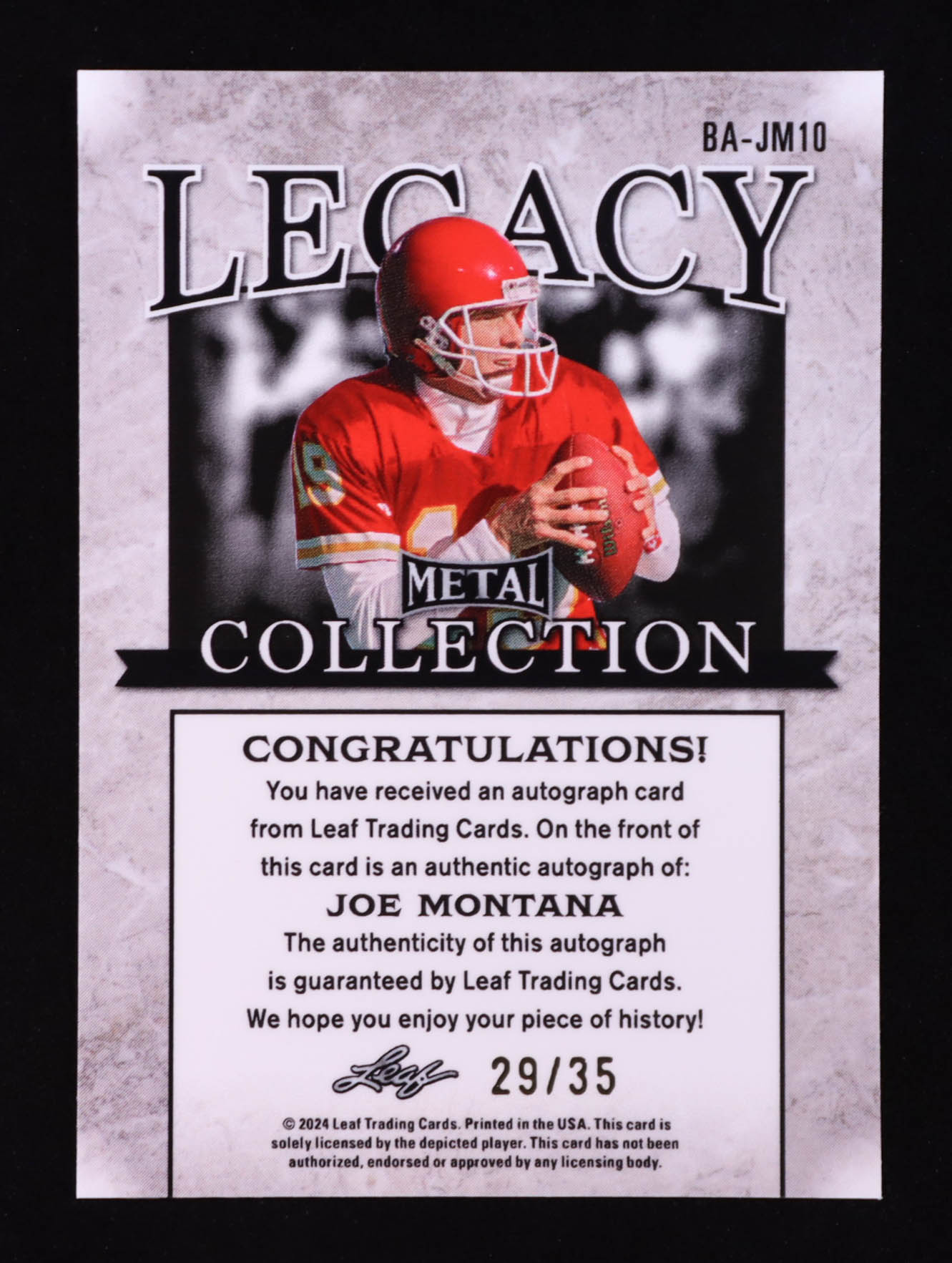 Joe Montana 2024 Leaf Metal Legacy Collection Silver Holo Autographs #BAJM10 #29/35 at PristineAuction.com Joe Montana 2024 Leaf Metal Legacy Collection Silver Holo Autographs #BAJM10 #29/35 at PristineAuction.com