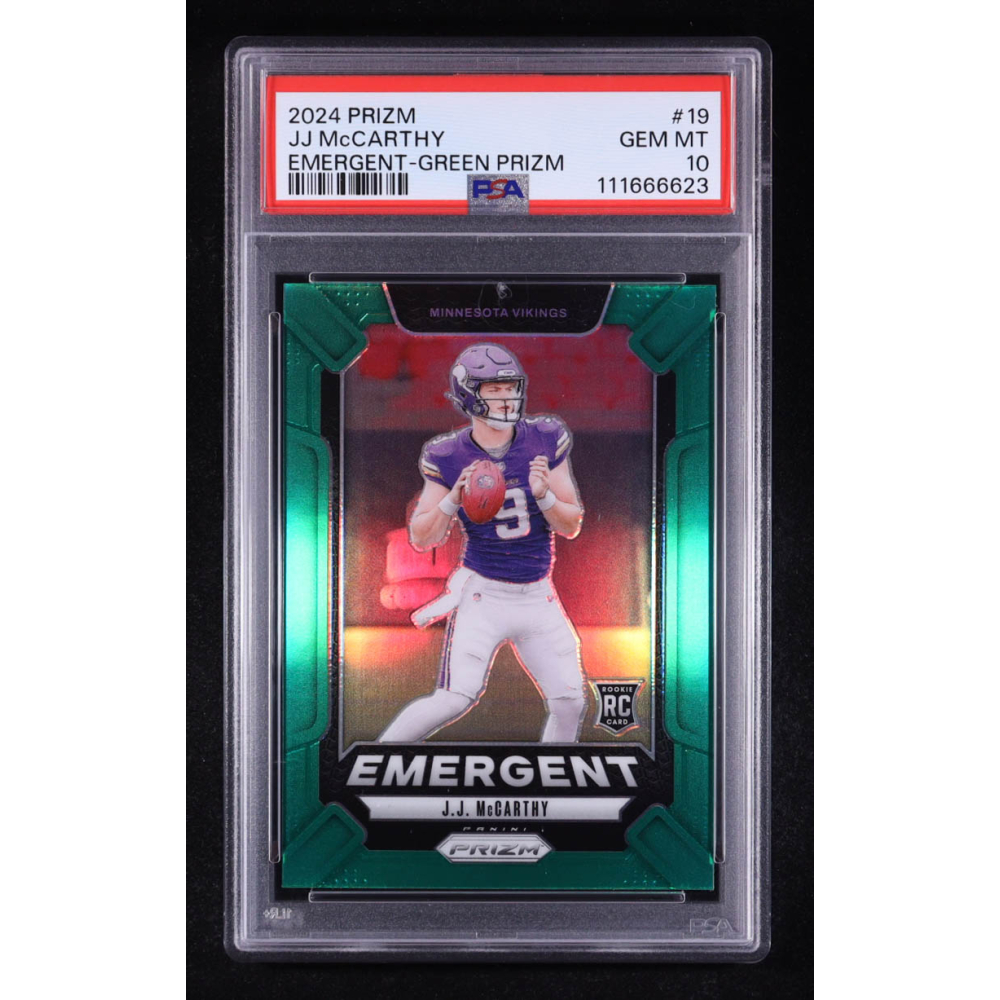 JJ McCarthy 2024 Panini Prizm Emergent Prizms Green #19 RC (PSA 10) at PristineAuction.com JJ McCarthy 2024 Panini Prizm Emergent Prizms Green #19 RC (PSA 10) at PristineAuction.com