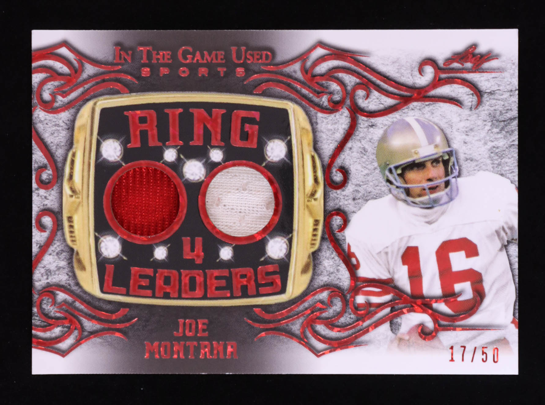 Joe Montana 2022 Leaf ITG Used Sports Ring 4 Leaders Crystal Red Materials #RL15 #17/50 at PristineAuction.com Joe Montana 2022 Leaf ITG Used Sports Ring 4 Leaders Crystal Red Materials #RL15 #17/50 at PristineAuction.com