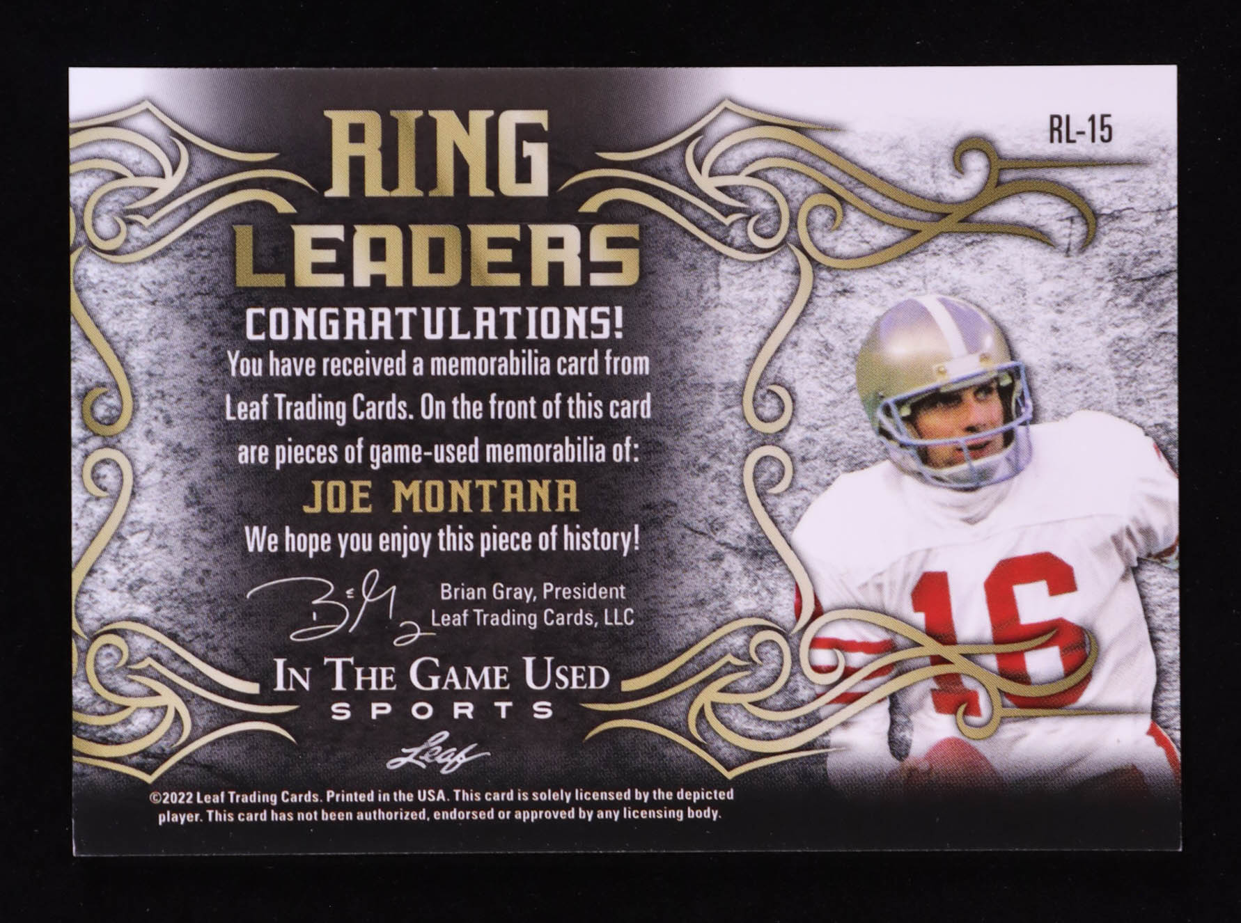Joe Montana 2022 Leaf ITG Used Sports Ring 4 Leaders Crystal Red Materials #RL15 #17/50 at PristineAuction.com Joe Montana 2022 Leaf ITG Used Sports Ring 4 Leaders Crystal Red Materials #RL15 #17/50 at PristineAuction.com