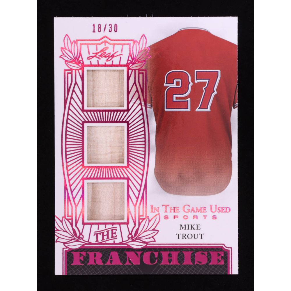 Mike Trout 2024 Leaf ITG Used Sports The Franchise Triple Materials Pink Holo #TFMT1 #18/30 at PristineAuction.com
