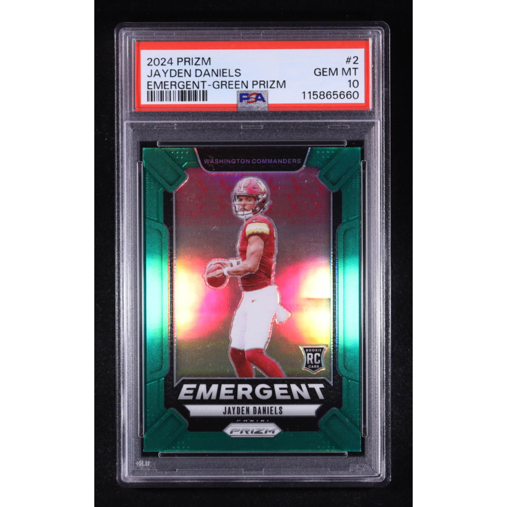 Jayden Daniels 2024 Panini Prizm Emergent Prizms Green #2 RC (PSA 10) at PristineAuction.com Jayden Daniels 2024 Panini Prizm Emergent Prizms Green #2 RC (PSA 10) at PristineAuction.com