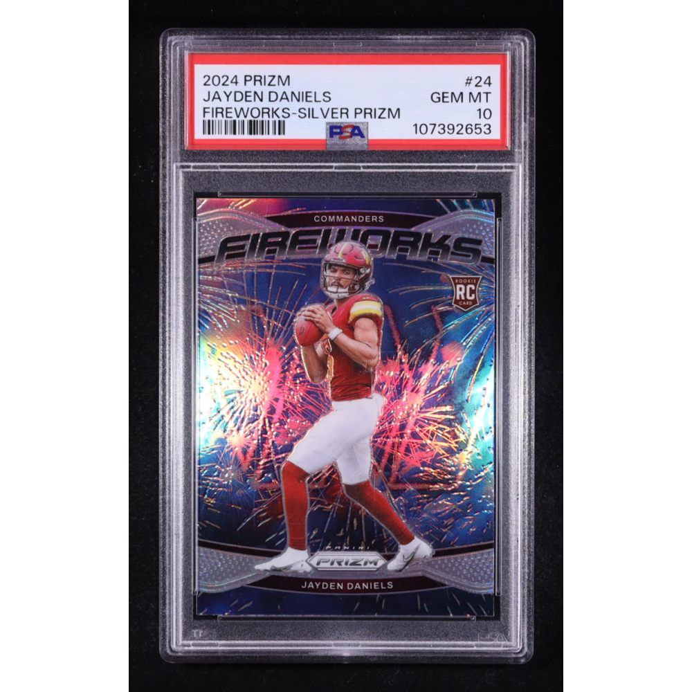 Jayden Daniels 2024 Panini Prizm Fireworks Prizms Silver #24 RC (PSA 10) at PristineAuction.com Jayden Daniels 2024 Panini Prizm Fireworks Prizms Silver #24 RC (PSA 10) at PristineAuction.com
