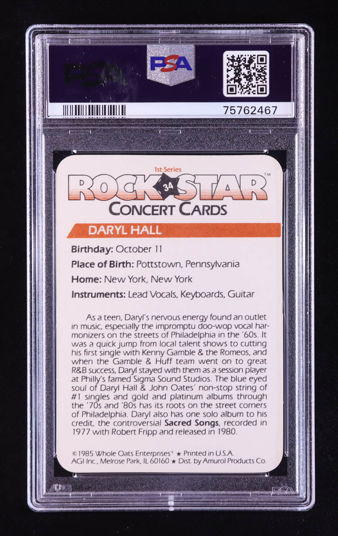 Daryl Hall 1985 Amurol Rock Star Concert #34 (PSA 8) at PristineAuction.com Daryl Hall 1985 Amurol Rock Star Concert #34 (PSA 8) at PristineAuction.com