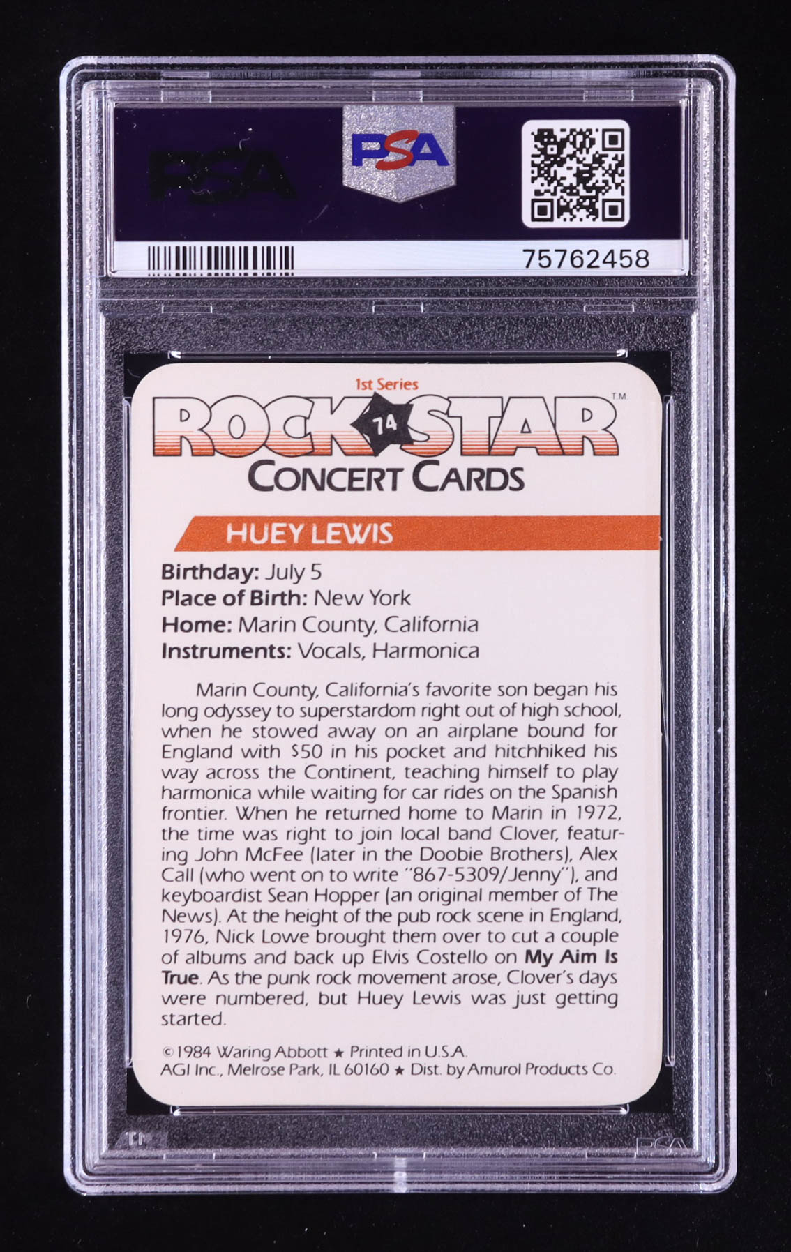 Huey Lewis 1985 Amurol Rock Star Concert #74 (PSA 8) at PristineAuction.com Huey Lewis 1985 Amurol Rock Star Concert #74 (PSA 8) at PristineAuction.com