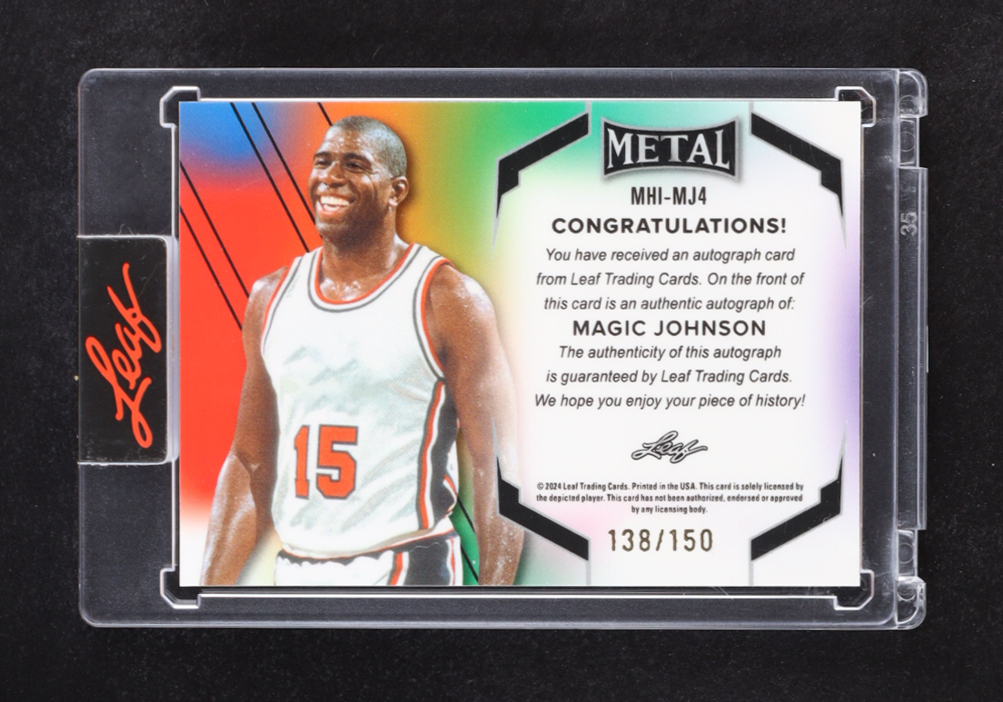 Magic Johnson 2024 Leaf Metal Inscriptions Prismatic White #MHIMJ4 #138/150 at PristineAuction.com Magic Johnson 2024 Leaf Metal Inscriptions Prismatic White #MHIMJ4 #138/150 at PristineAuction.com