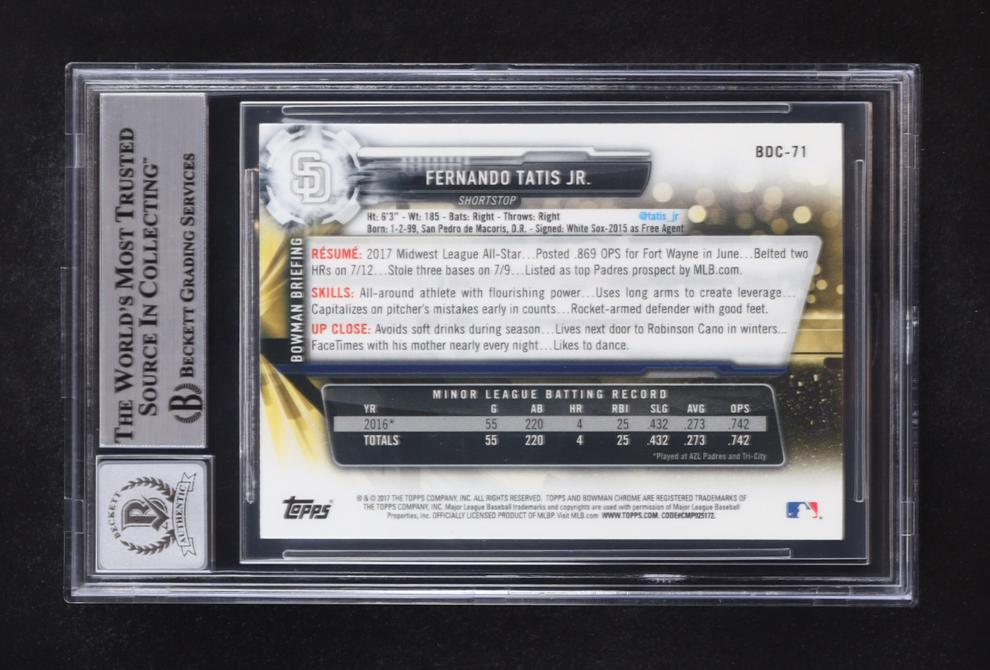 Fernando Tatis Jr. Signed 2017 Bowman Chrome Draft #BDC71 RC (Beckett | Auto Grade BGS 10) at PristineAuction.com Fernando Tatis Jr. Signed 2017 Bowman Chrome Draft #BDC71 RC (Beckett | Auto Grade BGS 10) at PristineAuction.com