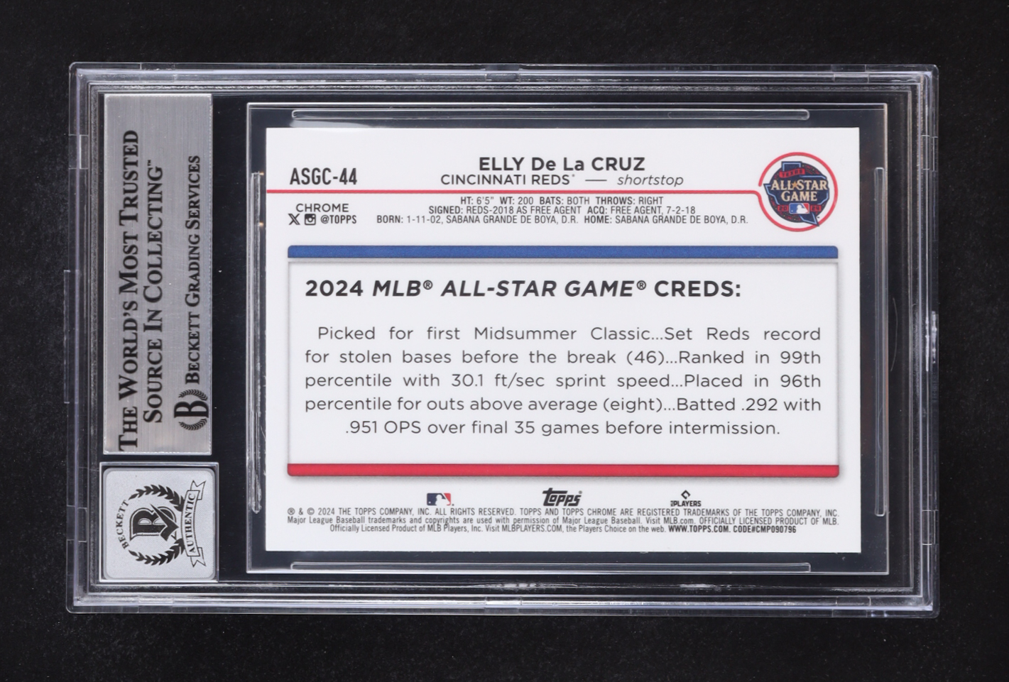 Elly De La Cruz Signed 2024 Topps Chrome Update '24 All-Star Game #ASGC44 RC (Beckett | Auto Grade BGS 10) at PristineAuction.com Elly De La Cruz Signed 2024 Topps Chrome Update '24 All-Star Game #ASGC44 RC (Beckett | Auto Grade BGS 10) at PristineAuction.com