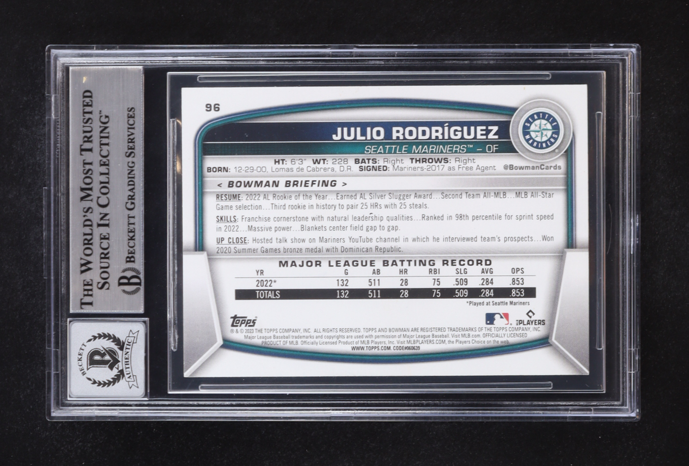 Julio Rodriguez Signed 2023 Bowman #96 (Beckett | Auto Grade BGS 10) at PristineAuction.com Julio Rodriguez Signed 2023 Bowman #96 (Beckett | Auto Grade BGS 10) at PristineAuction.com