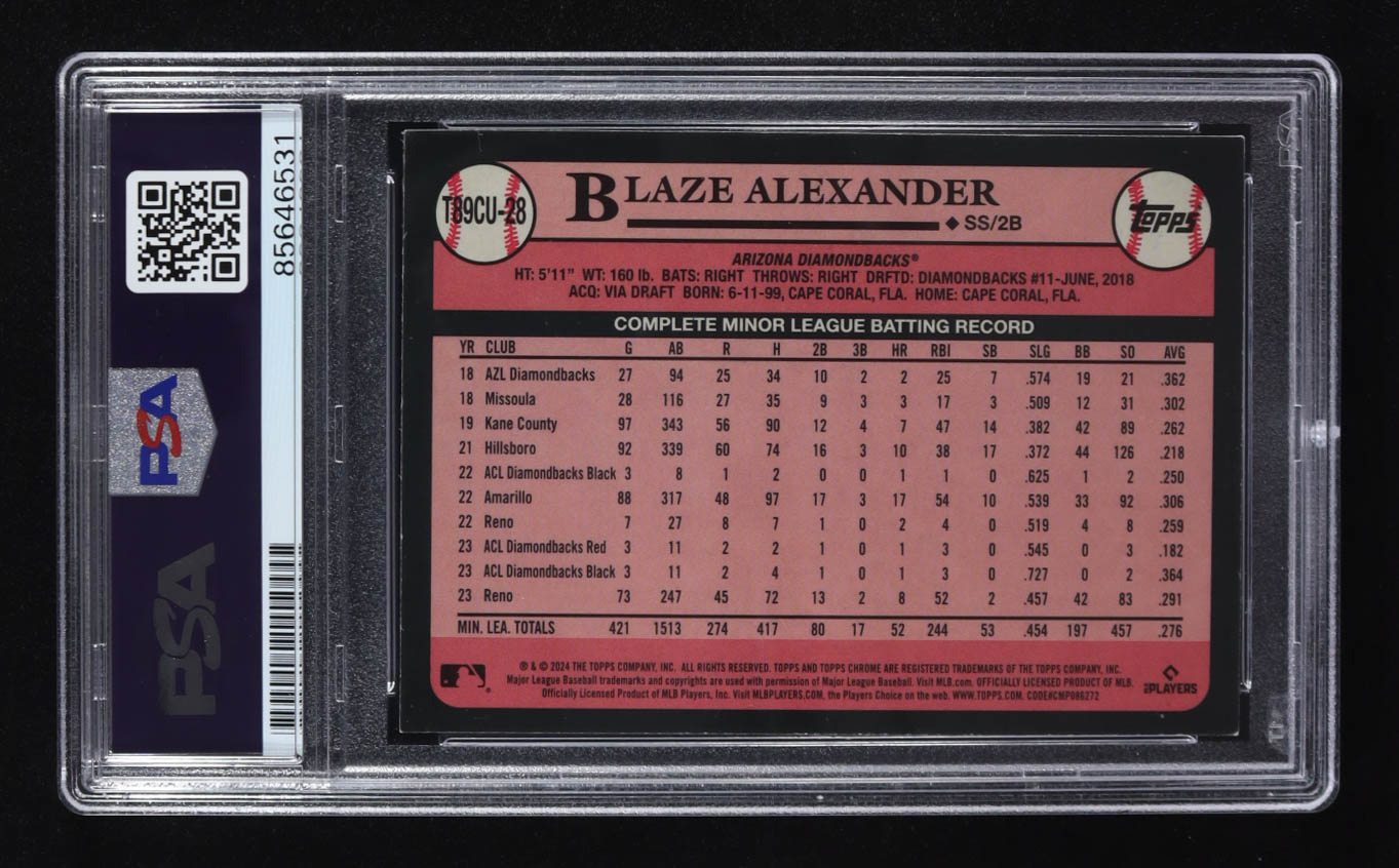 Blaze Alexander Signed 2024 Topps Update '89 Topps Silver Pack Chrome #T89CU28 RC (PSA) at PristineAuction.com Blaze Alexander Signed 2024 Topps Update '89 Topps Silver Pack Chrome #T89CU28 RC (PSA) at PristineAuction.com