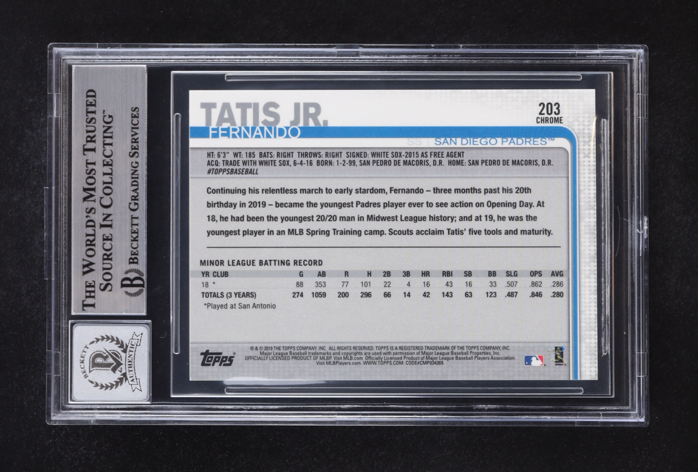 Fernando Tatis Jr. Signed 2019 Topps Chrome #203 RC (Beckett | Auto Grade BGS 10) at PristineAuction.com Fernando Tatis Jr. Signed 2019 Topps Chrome #203 RC (Beckett | Auto Grade BGS 10) at PristineAuction.com