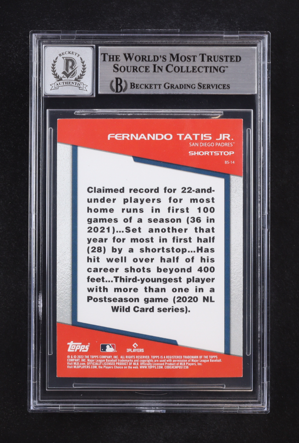 Fernando Tatis Jr. Signed 2022 Topps Opening Day Bomb Squad #BS14 (Beckett | Auto Grade BGS 10) at PristineAuction.com Fernando Tatis Jr. Signed 2022 Topps Opening Day Bomb Squad #BS14 (Beckett | Auto Grade BGS 10) at PristineAuction.com