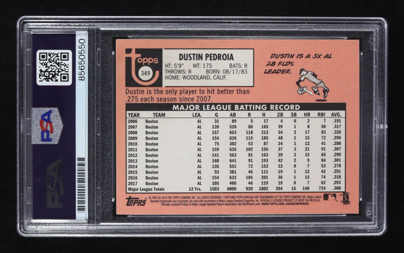 Dustin Pedroia Signed 2018 Topps Heritage #349 (PSA | Autograph Graded 10) at PristineAuction.com Dustin Pedroia Signed 2018 Topps Heritage #349 (PSA | Autograph Graded 10) at PristineAuction.com
