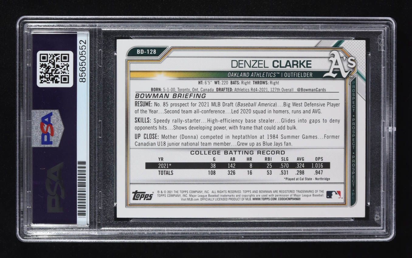 Denzel Clarke Signed 2021 Bowman Draft #BD128 RC (PSA | Autograph Graded 10) at PristineAuction.com Denzel Clarke Signed 2021 Bowman Draft #BD128 RC (PSA | Autograph Graded 10) at PristineAuction.com
