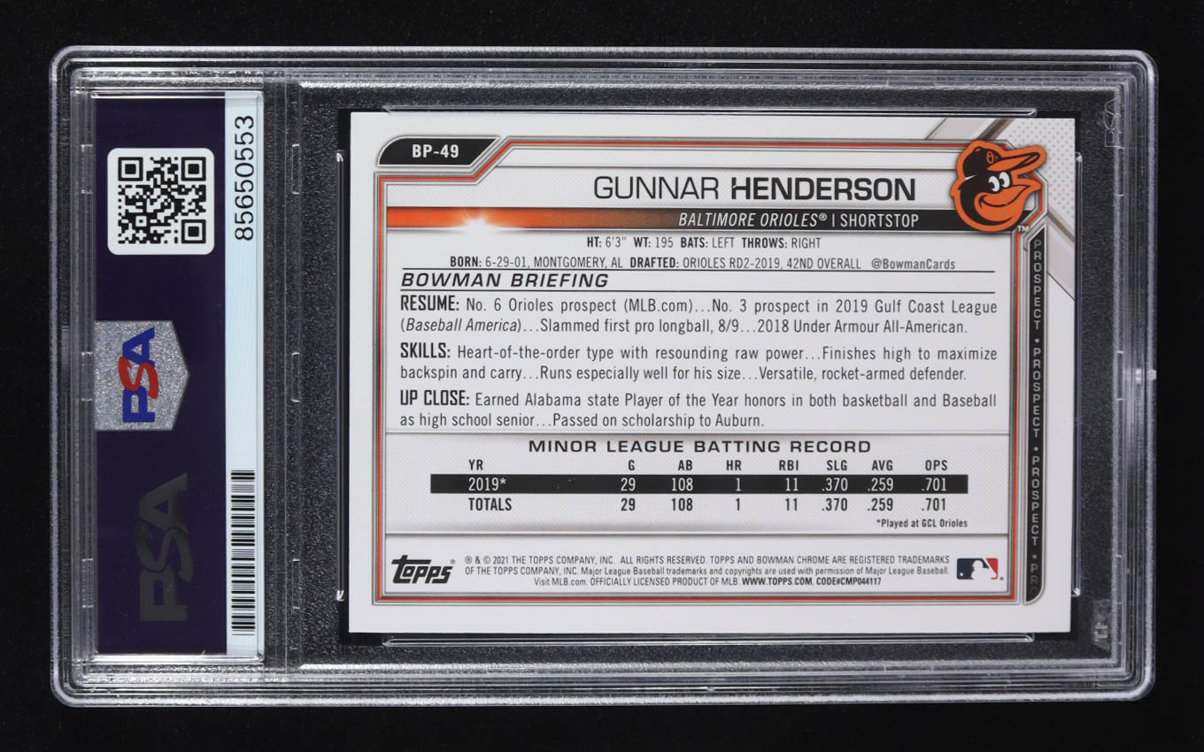 Gunnar Henderson Signed 2021 Bowman Prospects #BP49 RC (PSA | Autograph Graded 10) at PristineAuction.com Gunnar Henderson Signed 2021 Bowman Prospects #BP49 RC (PSA | Autograph Graded 10) at PristineAuction.com