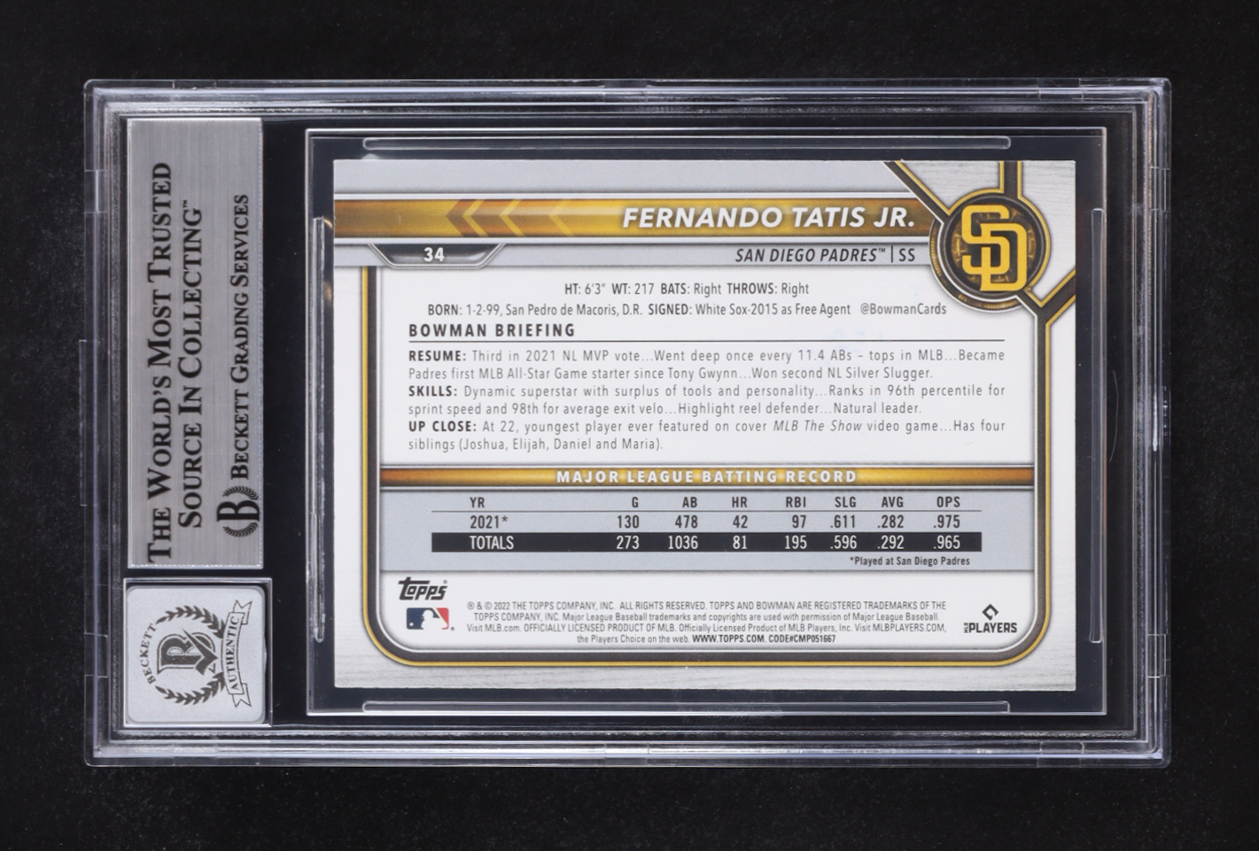 Fernando Tatis Jr. Signed 2022 Bowman #34 (Beckett | Auto Grade BGS 10) at PristineAuction.com Fernando Tatis Jr. Signed 2022 Bowman #34 (Beckett | Auto Grade BGS 10) at PristineAuction.com