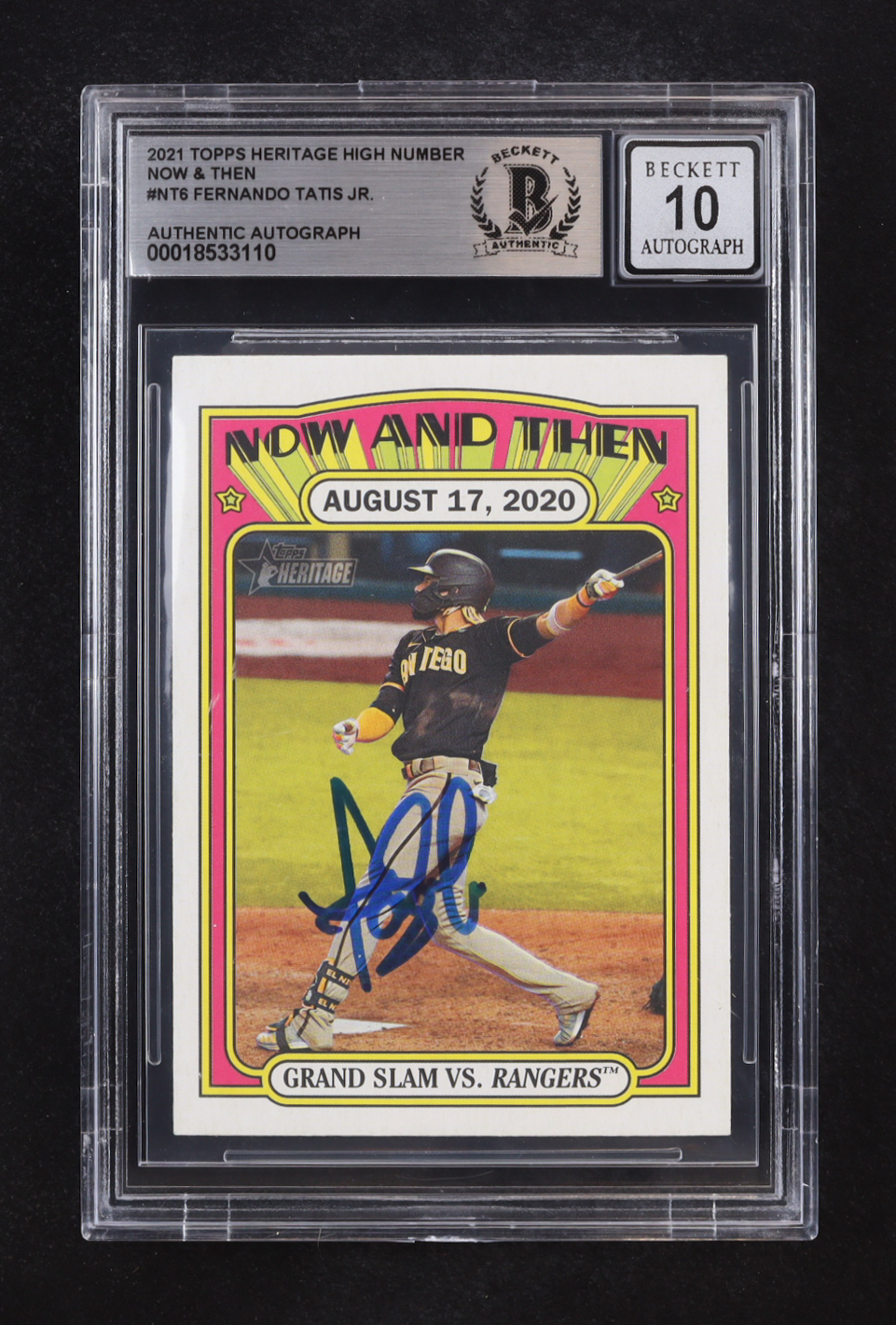 Fernando Tatis Jr. Signed 2021 Topps Heritage High Number Now and Then #NT6 (Beckett | Auto Grade BGS 10) at PristineAuction.com Fernando Tatis Jr. Signed 2021 Topps Heritage High Number Now and Then #NT6 (Beckett | Auto Grade BGS 10) at PristineAuction.com