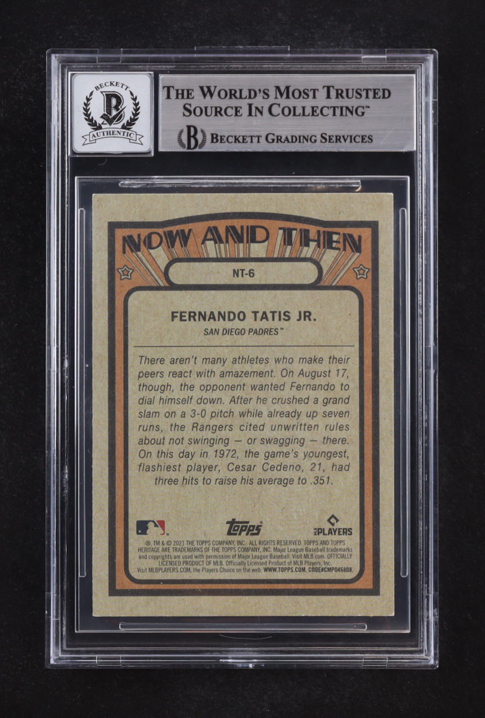 Fernando Tatis Jr. Signed 2021 Topps Heritage High Number Now and Then #NT6 (Beckett | Auto Grade BGS 10) at PristineAuction.com Fernando Tatis Jr. Signed 2021 Topps Heritage High Number Now and Then #NT6 (Beckett | Auto Grade BGS 10) at PristineAuction.com