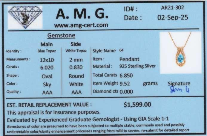 6.85 CTW Natural Blue Topaz & White Topaz 18K Gold Plated Designer Necklace Size 16 Inches | Estimated Value $1599 (AMG) at PristineAuction.com 6.85 CTW Natural Blue Topaz & White Topaz 18K Gold Plated Designer Necklace Size 16 Inches | Estimated Value $1599 (AMG) at PristineAuction.com