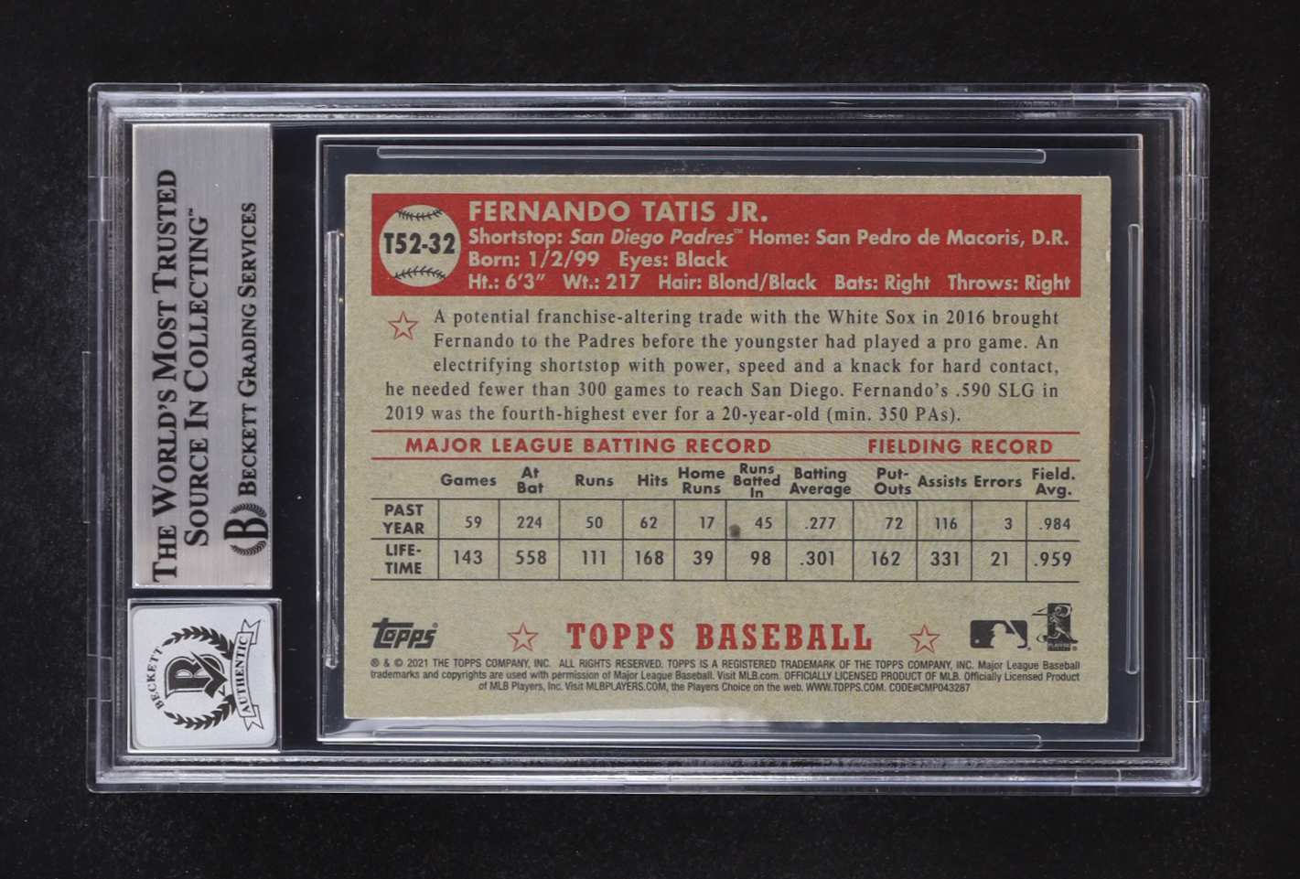 Fernando Tatis Jr. Signed 2021 Topps '52 Topps Redux #T5232 (Beckett | Auto Grade BGS 10) at PristineAuction.com Fernando Tatis Jr. Signed 2021 Topps '52 Topps Redux #T5232 (Beckett | Auto Grade BGS 10) at PristineAuction.com